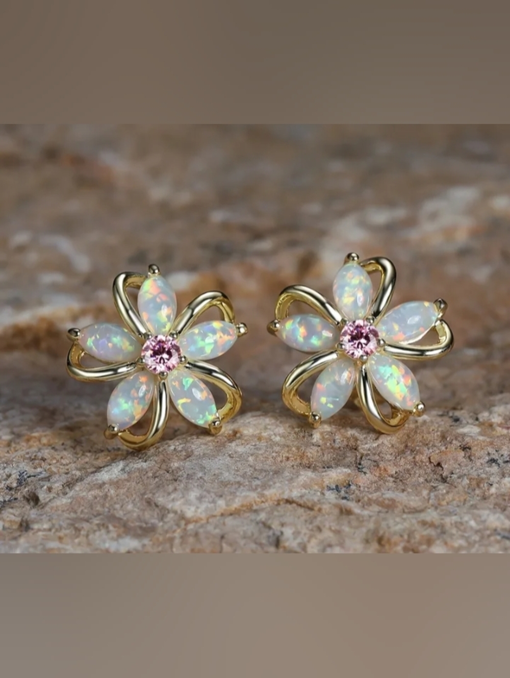 ❤️K $10 Each Or Bundle 4/$20 Gold Floral Opal & Pink Crystal Stud Earrings